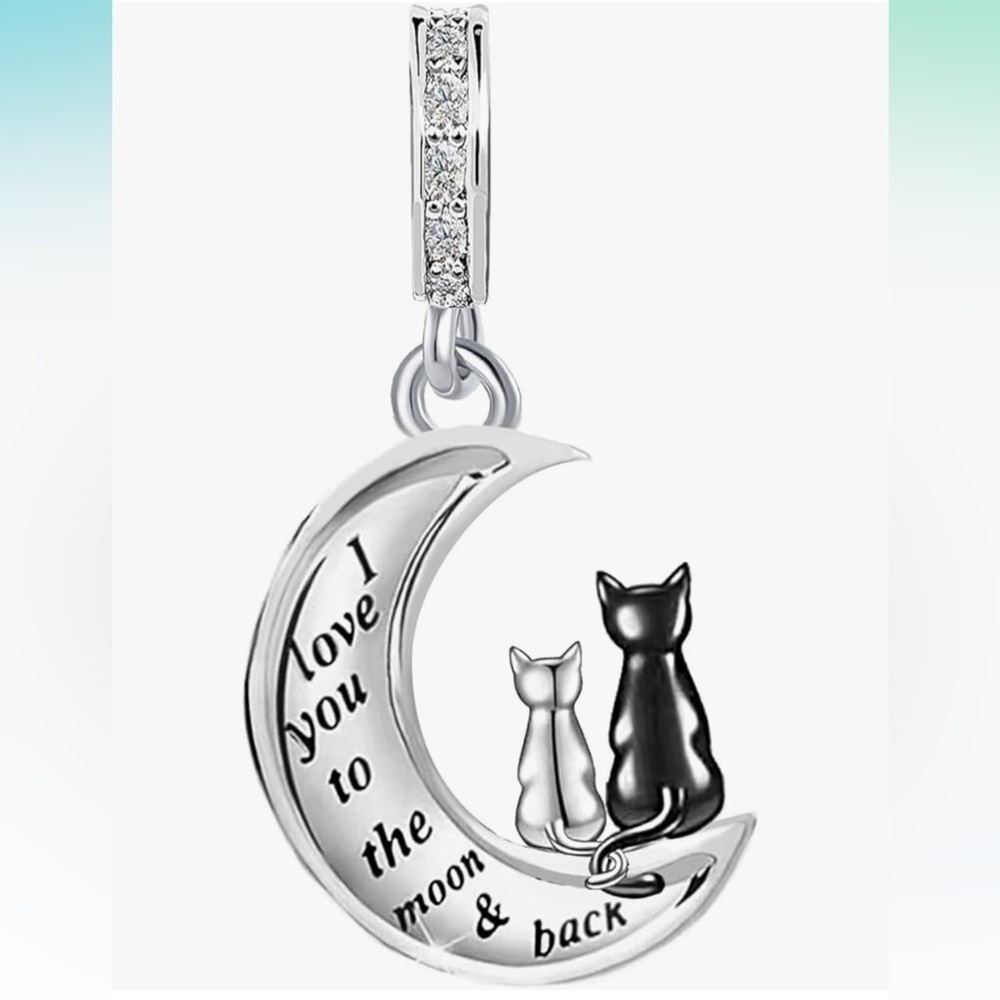 I love you to the moon silver kitten cat with mom cat charm fits all pandoras